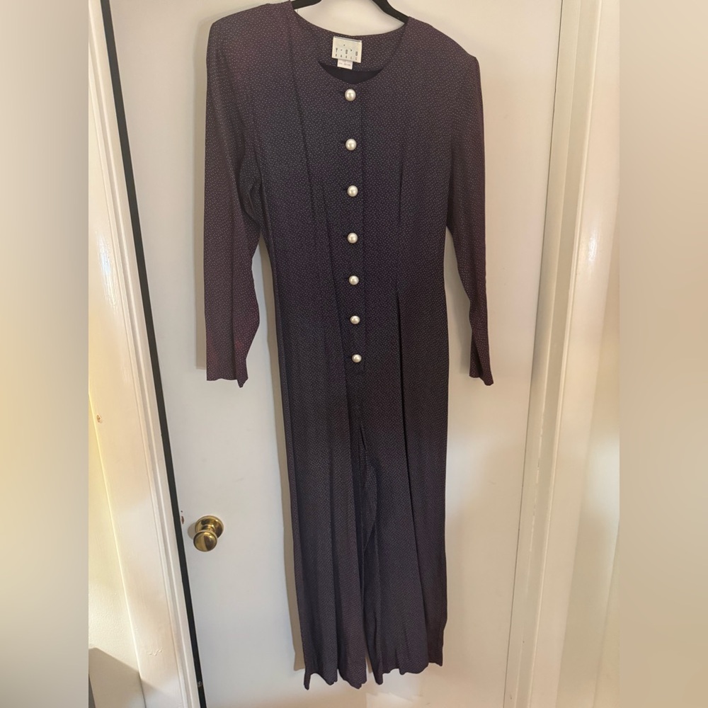 Purple vintage jumpsuit with big pearl buttons and strings for a cinched fit